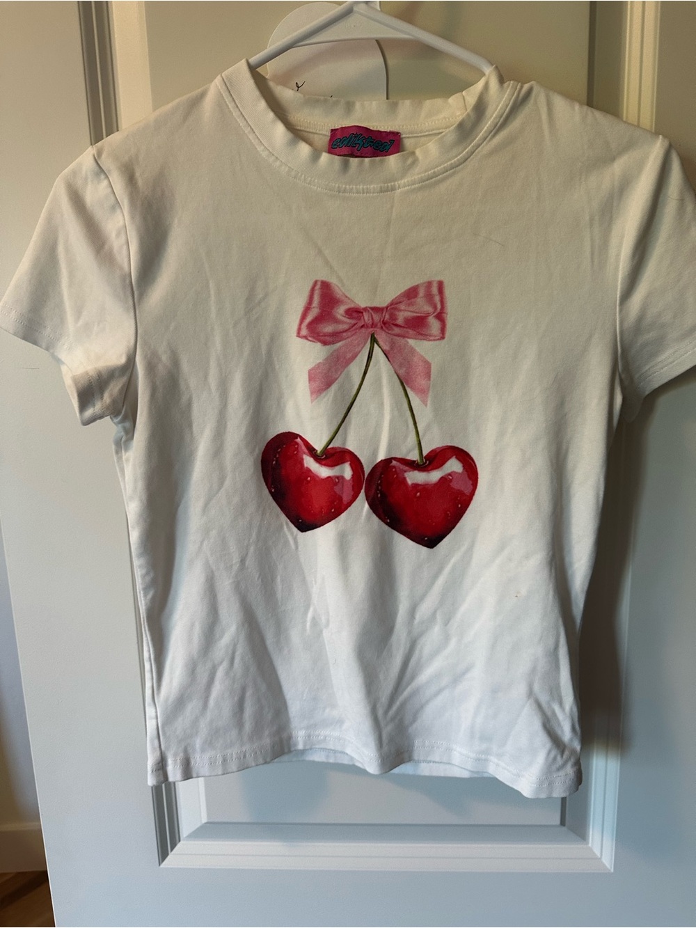 Edikted White Cherry Graphic Tee with Pink Bow